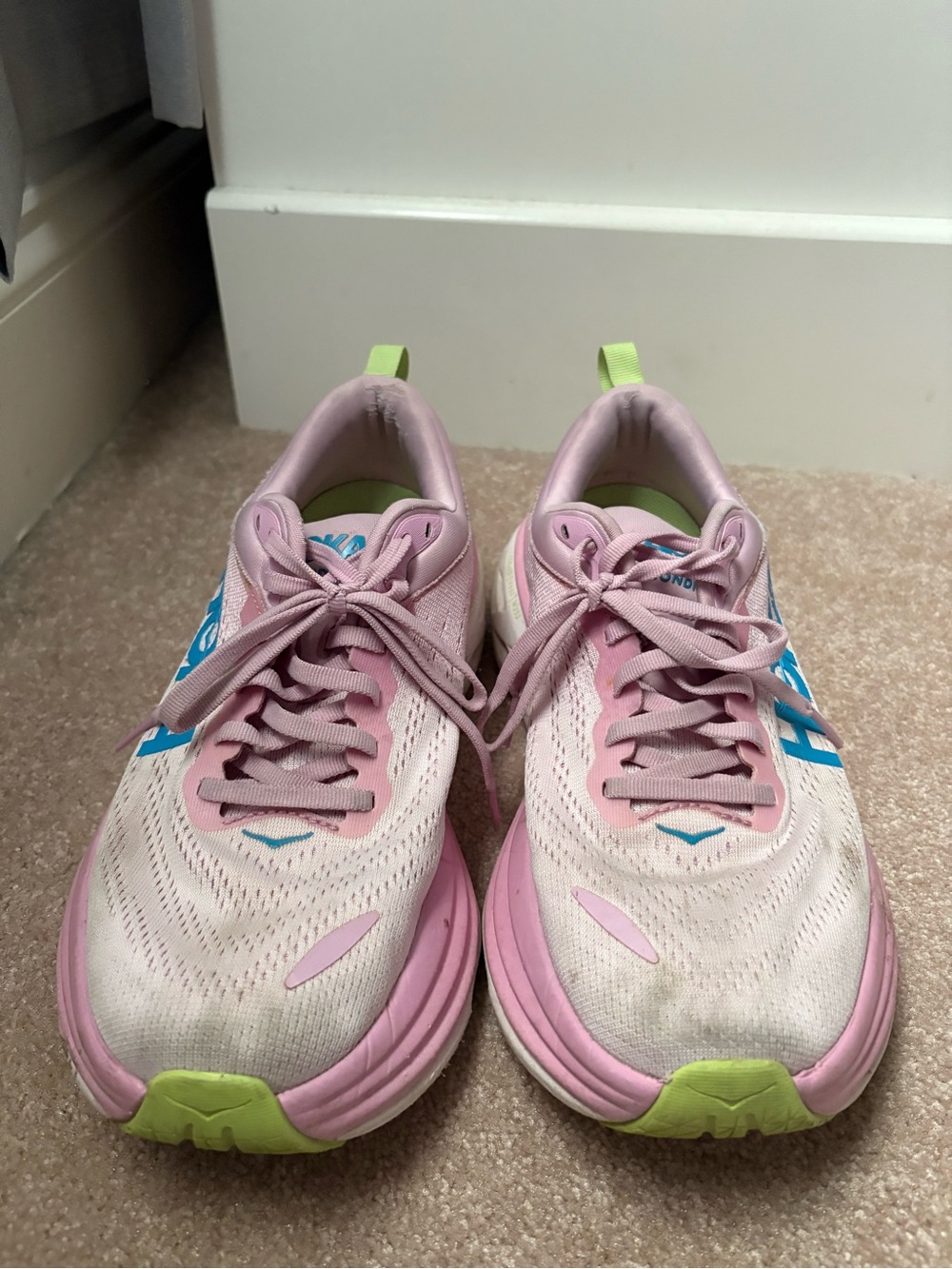 Hoka Pink Sneakers with Blue Logo and Lime Accents - Picture 3 of 4